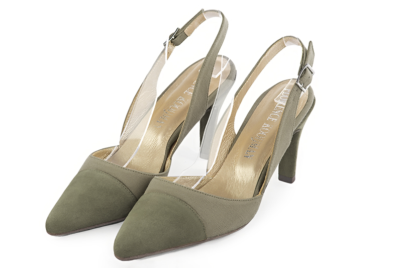 Khaki green women's slingback shoes. Tapered toe. High slim heel. Front view - Florence KOOIJMAN